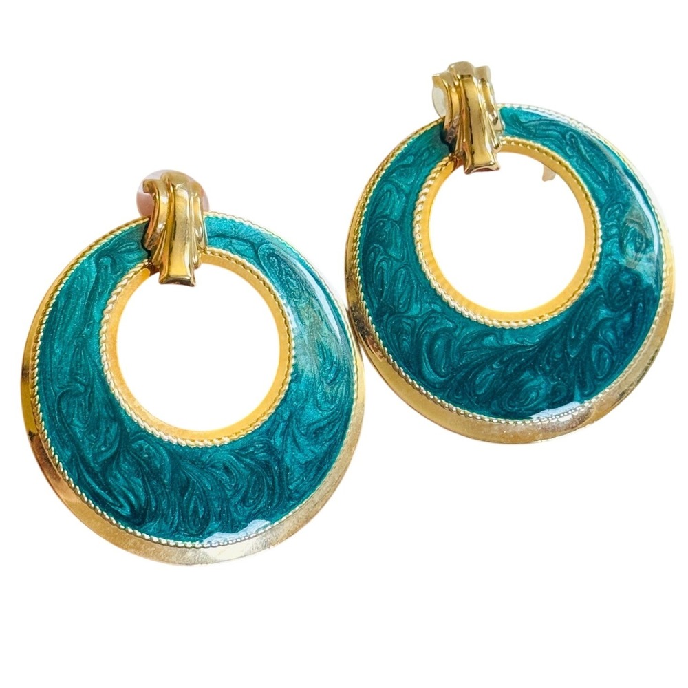 VTG Runway enamel Chunky gold green Earrings Oversized Statement pierced 80s
